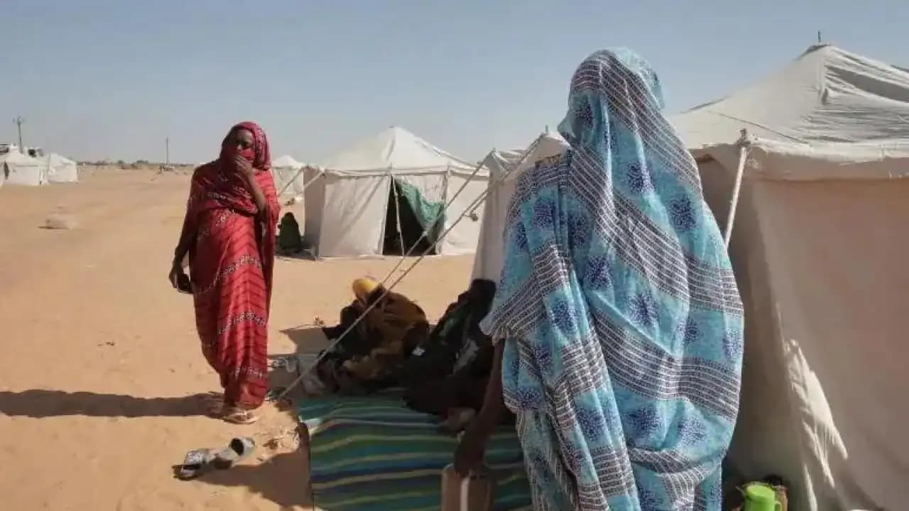Displaced Sudanese civilians walking toward a growing camp