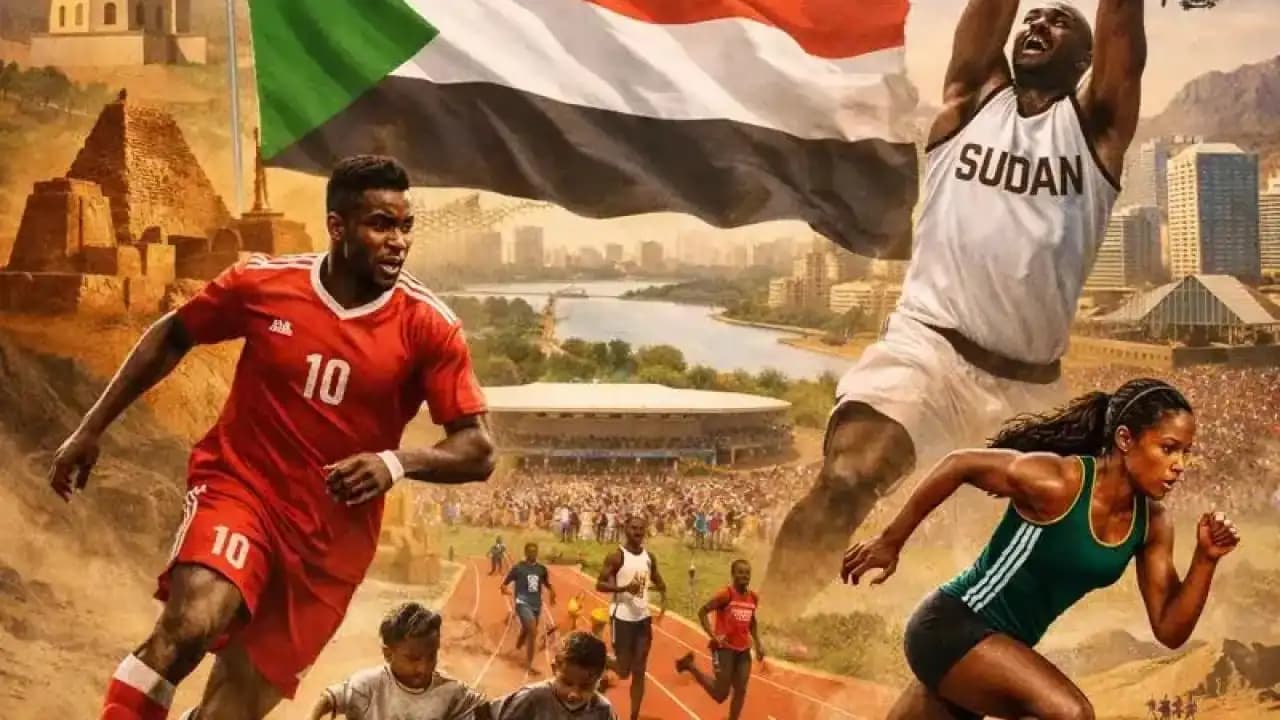 رياضيون سودانيون يتدربون في ملعب مفتوح مع ألوان العلم السوداني