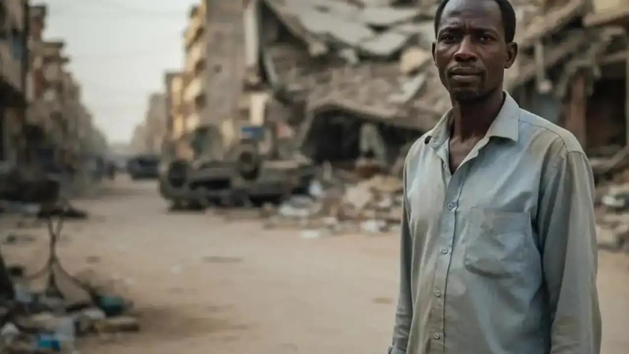 Sudanese civilian amid war-damaged surroundings