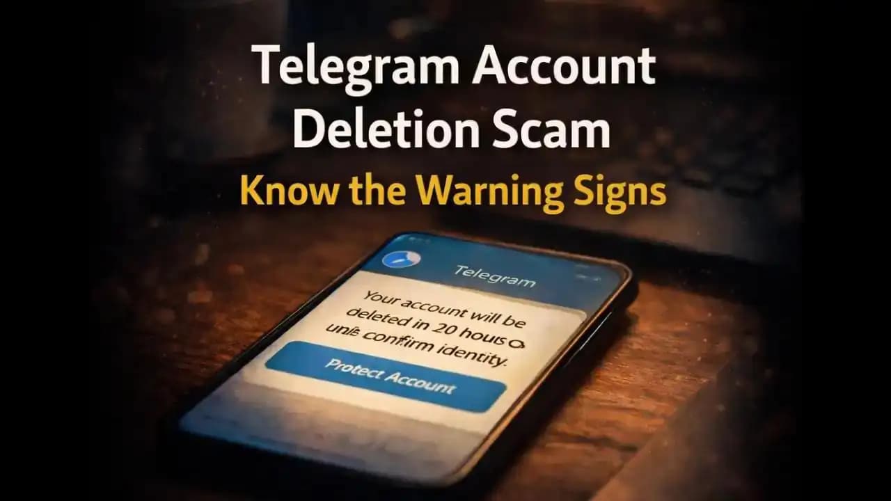 smartphone showing telegram account deletion scam warning message