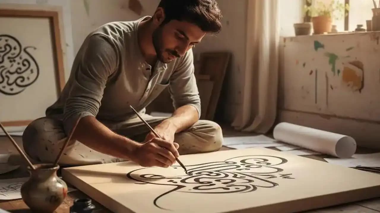 فنان شاب يرسم الخط العربي التقليدي في مرسم حديث بإضاءة طبيعية