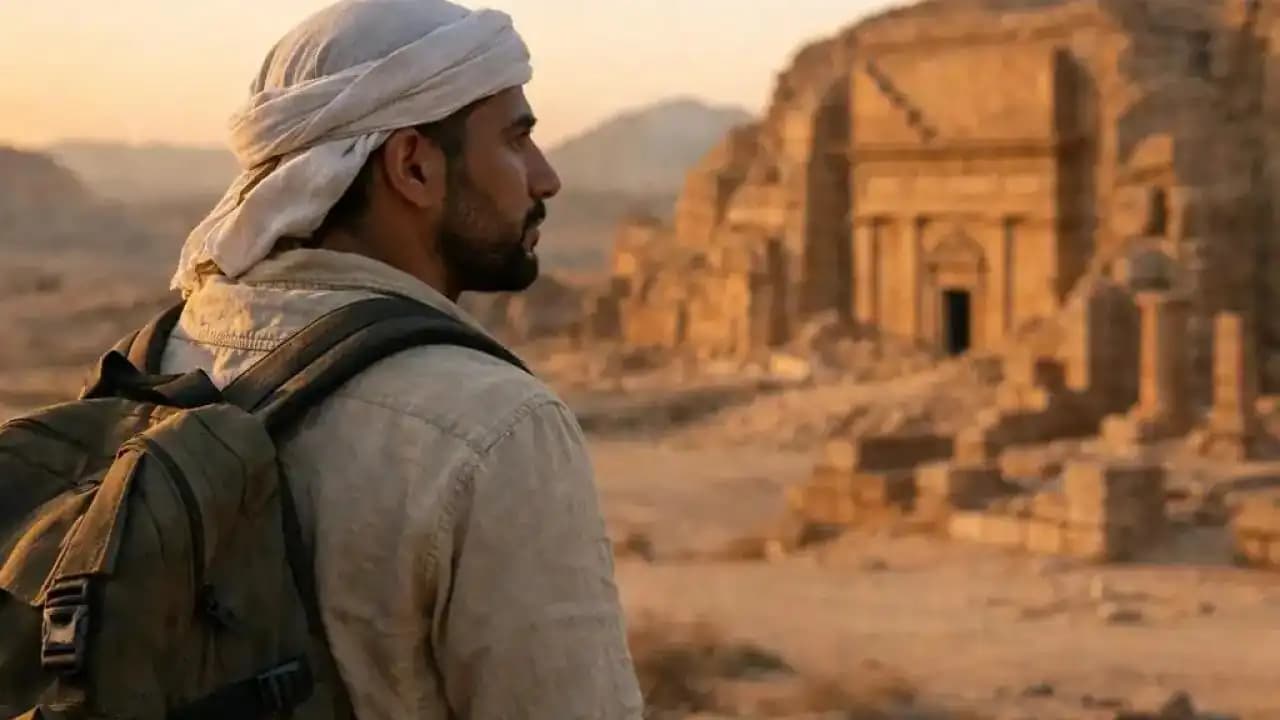 مسافر عربي يتأمل موقعاً من مواقع التراث العالمي عند شروق الشمس