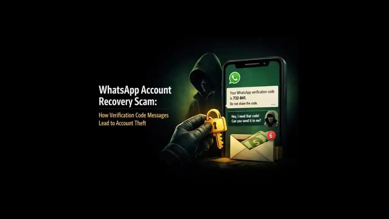 Phone screen showing WhatsApp verification code message and suspicious recovery request