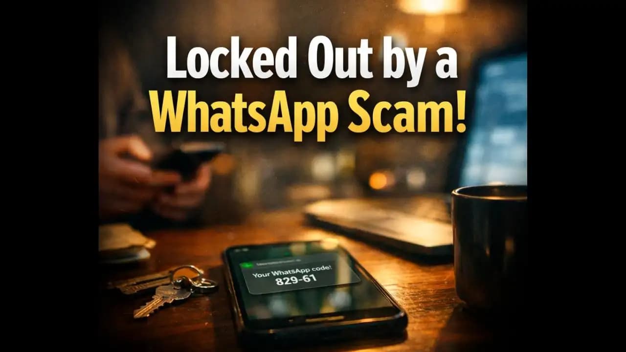 WhatsApp scam warning showing a fake verification code message and account takeover risk