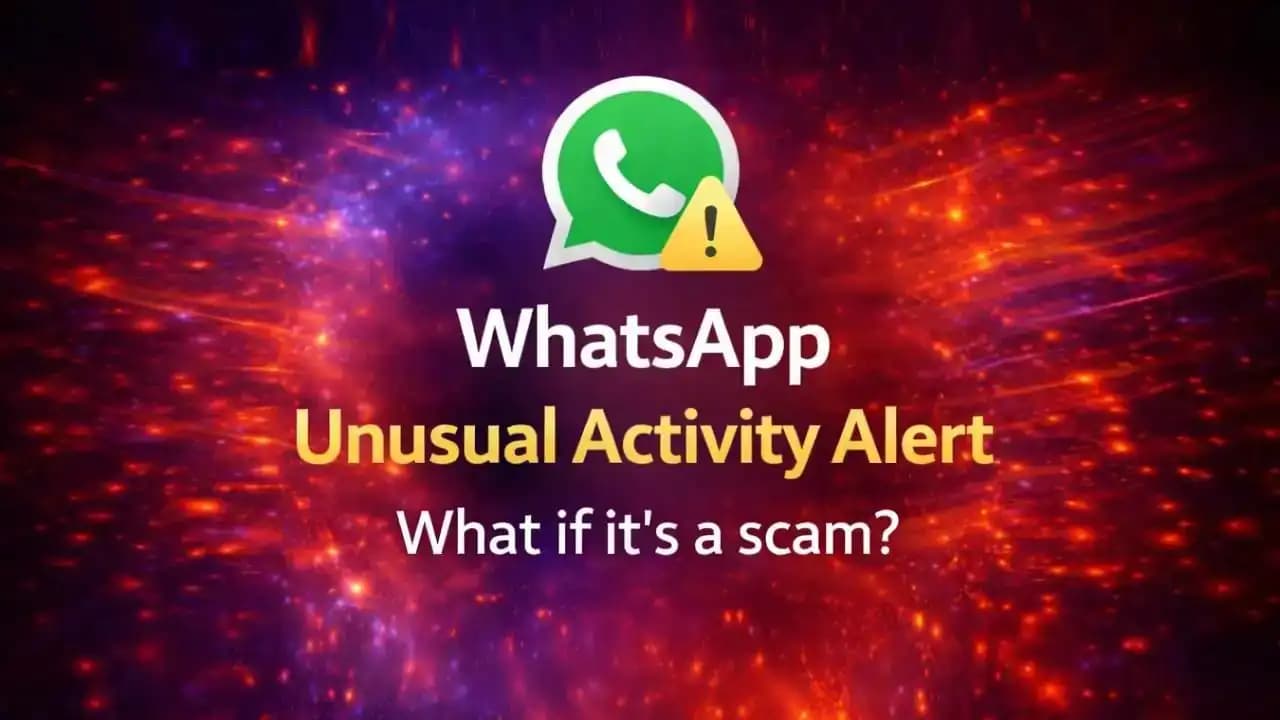 Smartphone screen showing a WhatsApp unusual activity alert message against a dark background