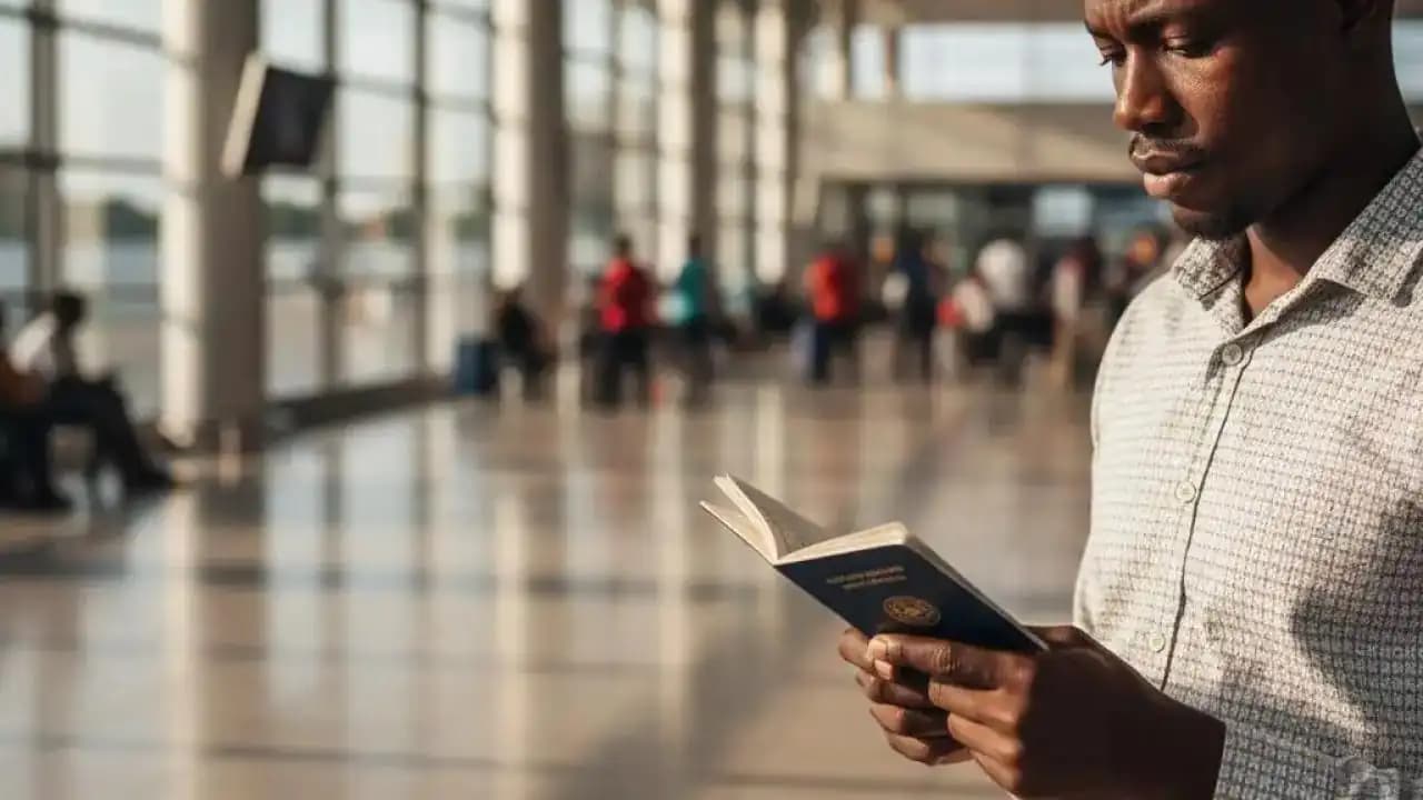 مسافر يقف في مطار أفريقي يحمل جواز سفر