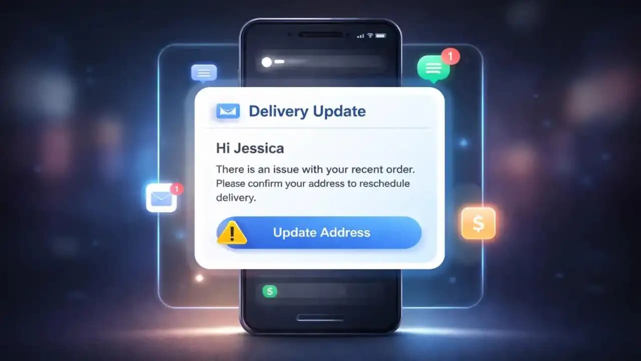 Smartphone displaying a personalized scam message that appears realistic and familiar