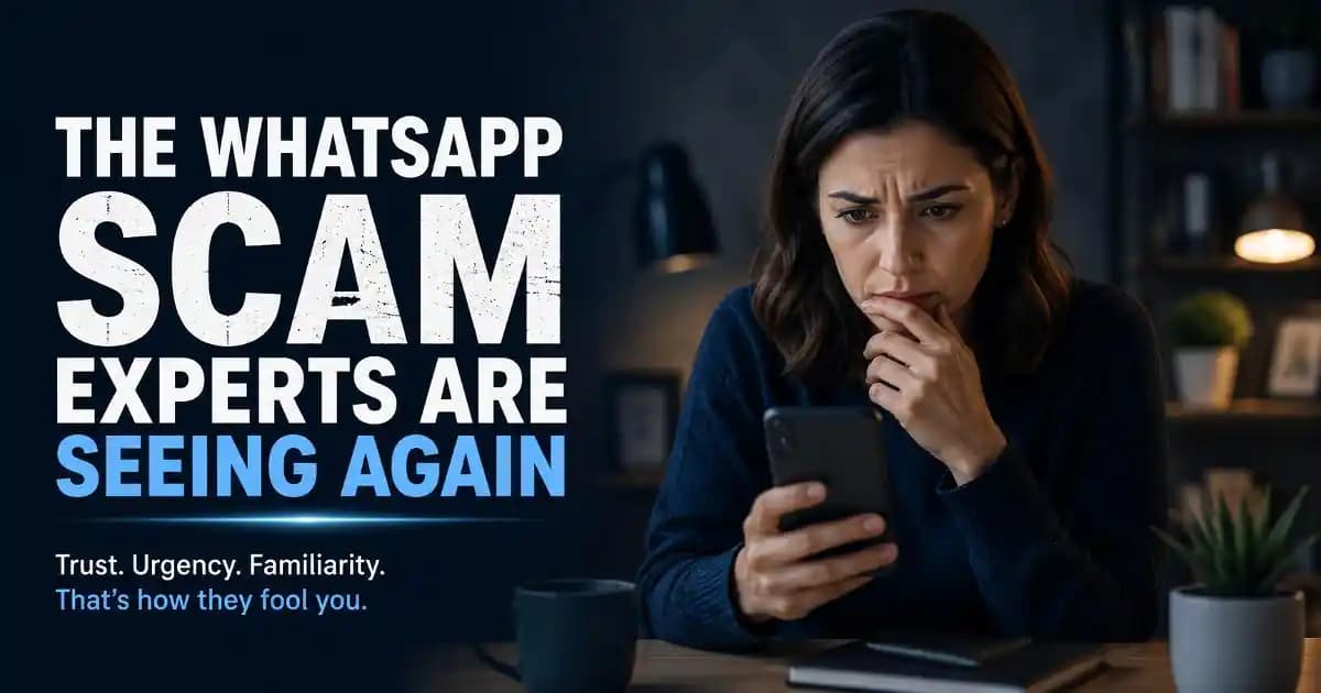 WhatsApp scam warning showing how scammers use trust and urgency in 2026