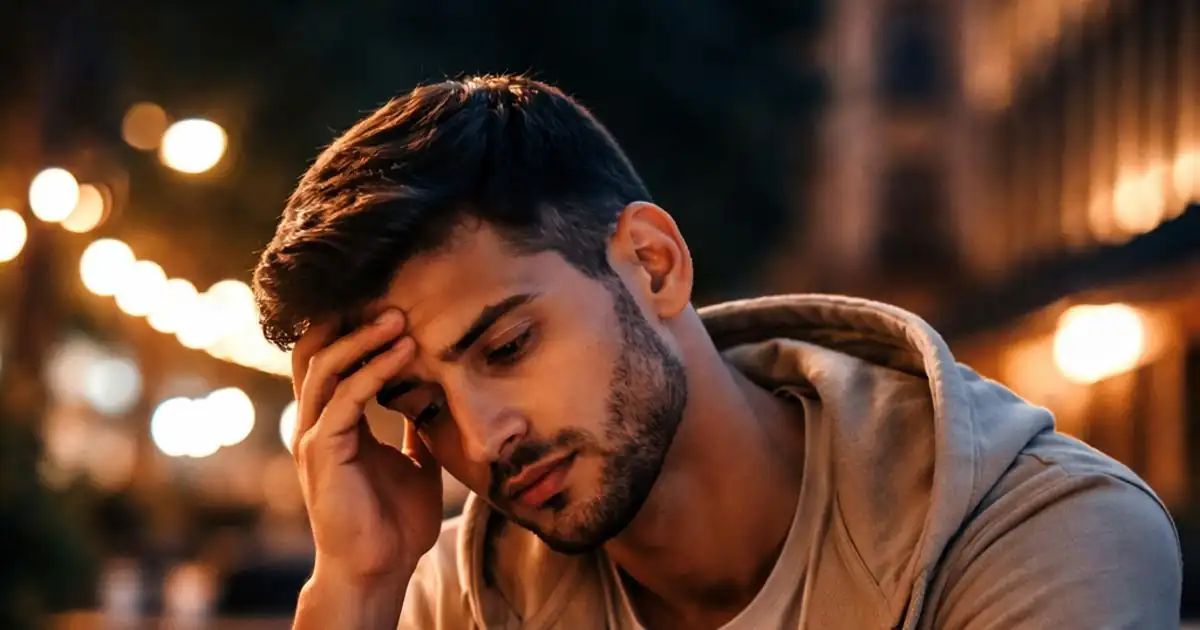 شاب عربي يجلس بمفرده ليلًا ويبدو عليه التعب النفسي
