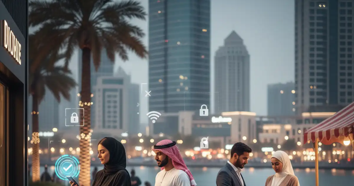 أشخاص في مدينة خليجية يستخدمون الدفع الإلكتروني