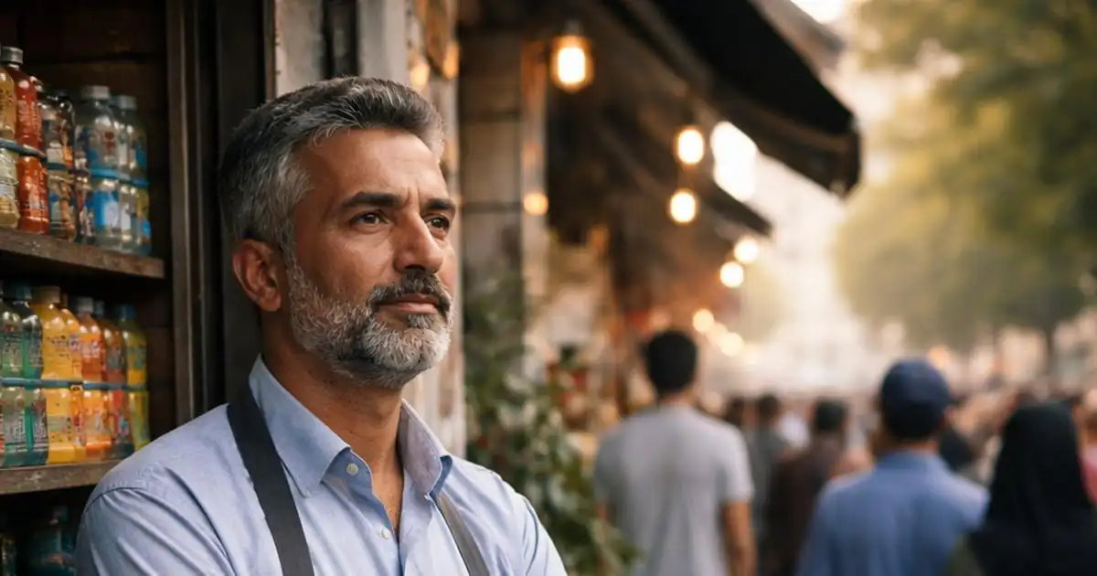 Thoughtful Iranian shopkeeper during a public gathering in Tehran
