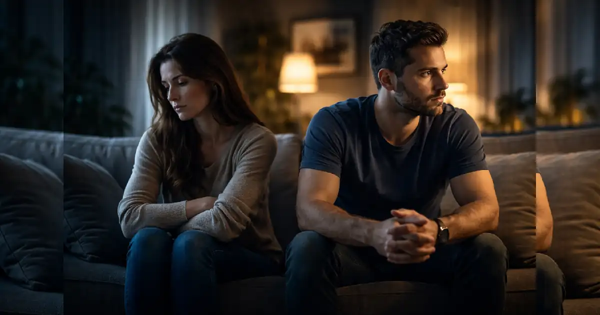 زوجان يجلسان معًا لكن بينهما مسافة عاطفية واضحة