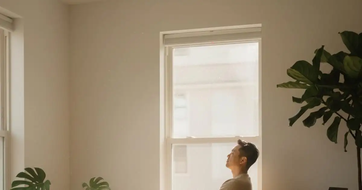 شخص يجلس بهدوء في ضوء طبيعي ويكتب في دفتر للتأمل وتنظيم الأفكار