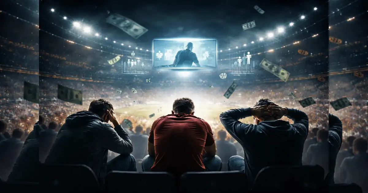 Disappointed football fans watching a match in a modern stadium