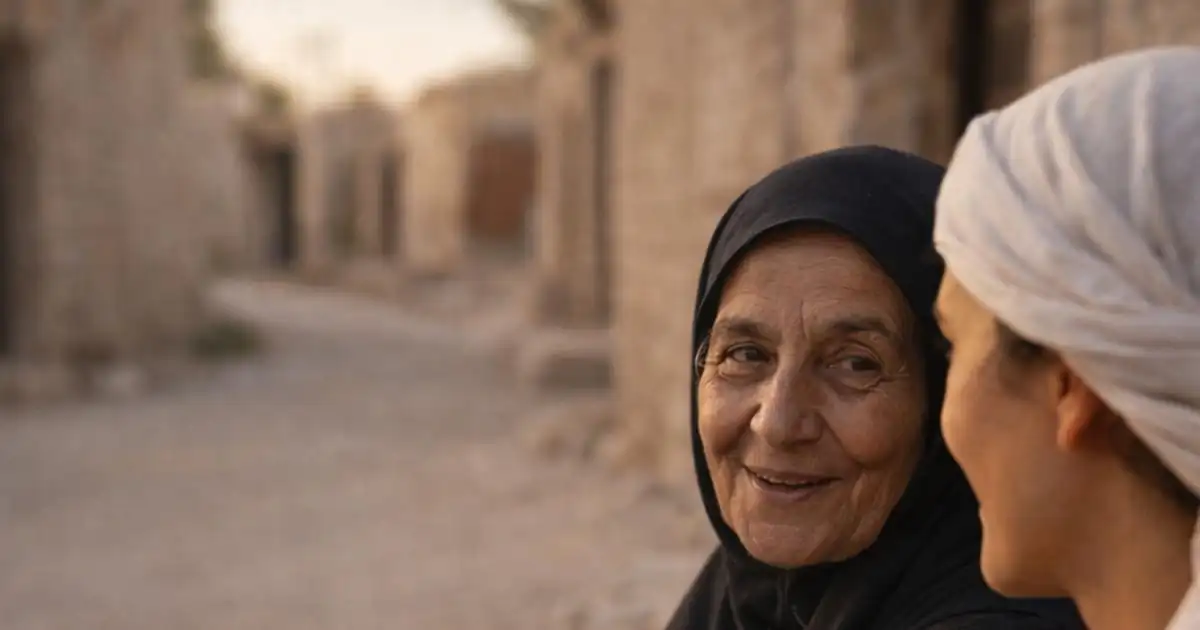 Elderly Arab woman speaking with a younger adult in a traditional neighborhood
