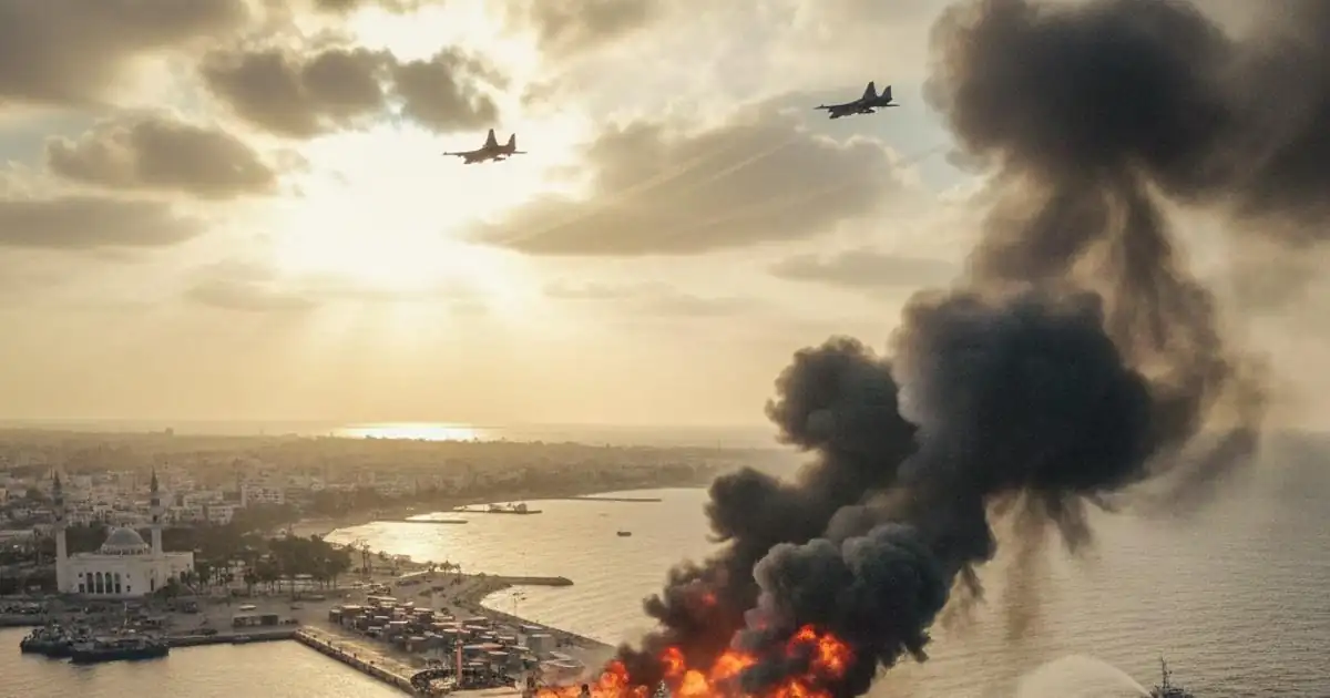 Military aircraft over Yemen port highlighting Gulf tensions