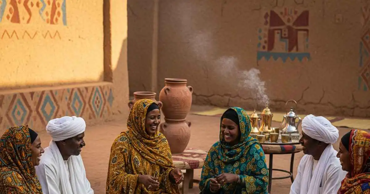 تجمع عائلي سوداني تقليدي يعكس الطعام والملابس والعادات الثقافية