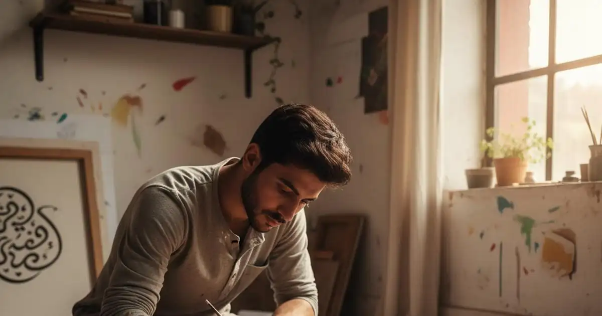 Young Arab artist painting traditional Arabic calligraphy in a modern studio