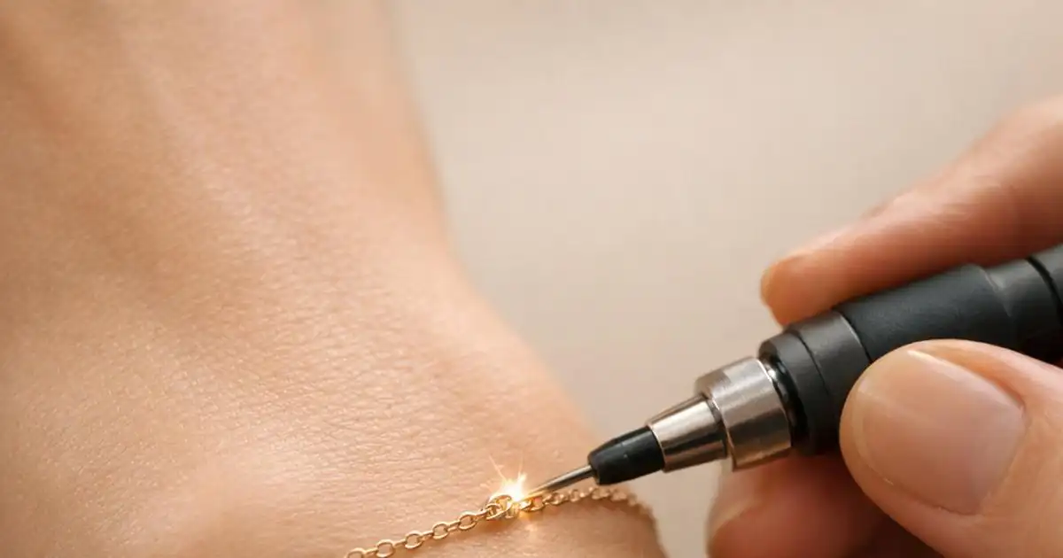 سوار Permanent Jewellery ذهبي يتم تثبيته على المعصم