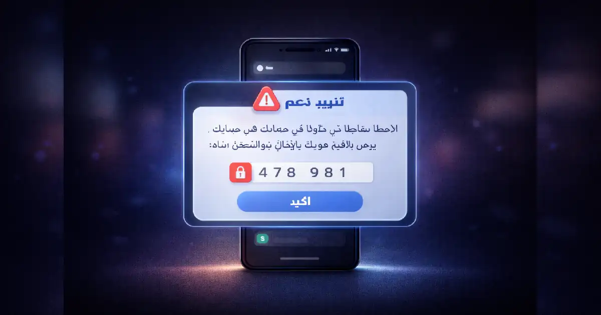 هاتف ذكي يعرض رسالة دعم مزيفة تطلب رمز تحقق داخل واجهة حديثة