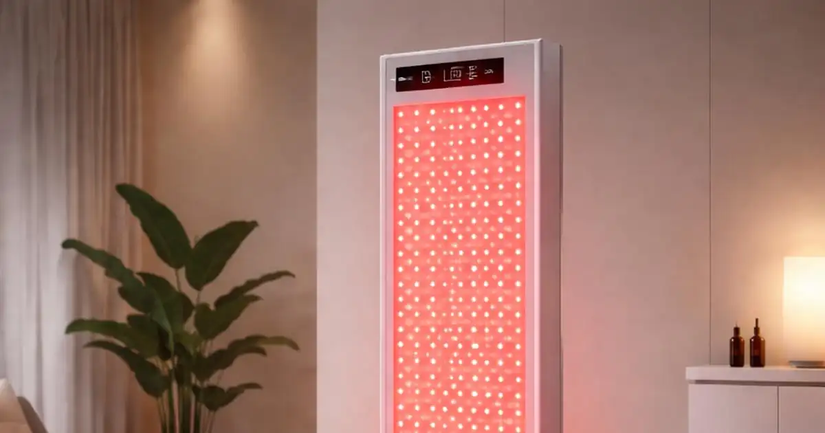 بيئة عافية بسيطة مع جهاز علاج بالضوء الأحمر وإضاءة هادئة