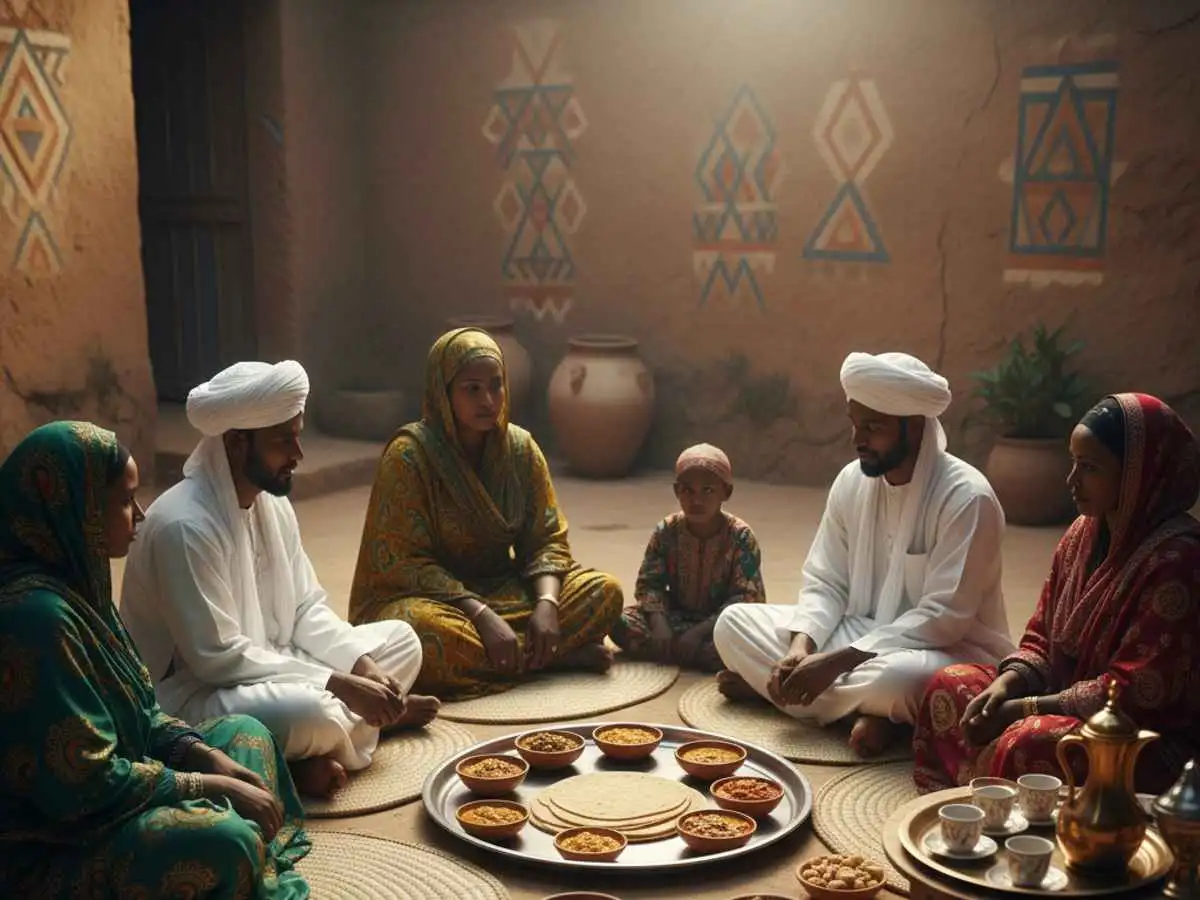 تجمع عائلي سوداني يعكس الطعام التقليدي والملابس والأجواء الثقافية الدافئة